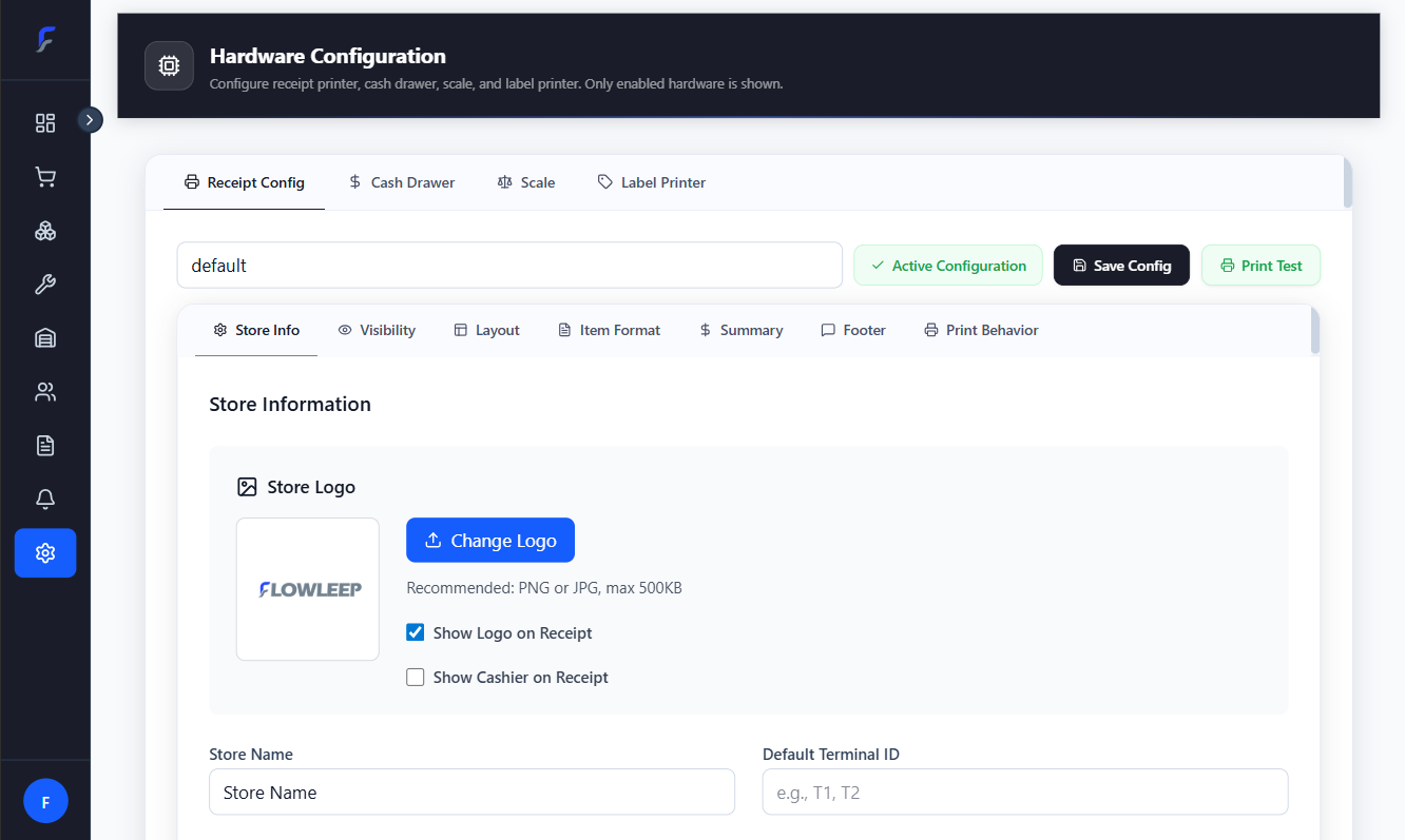 Flowleep receipt configuration and printing settings