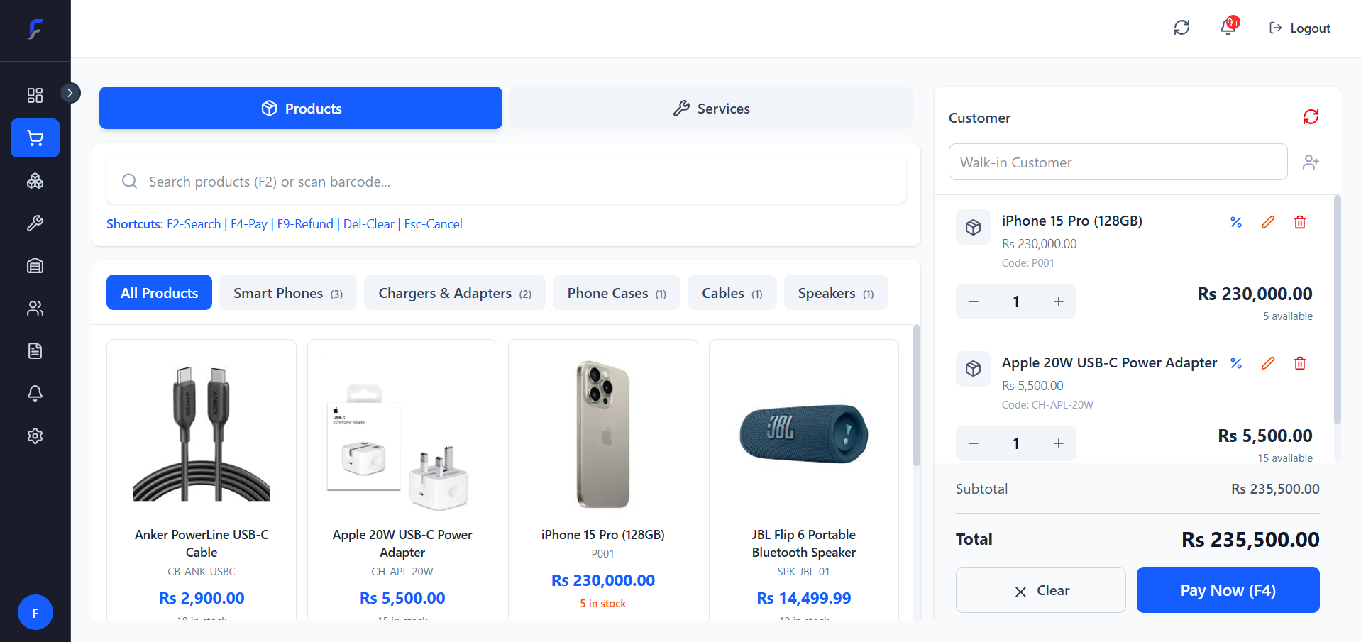 Flowleep POS checkout interface with cart and payment methods